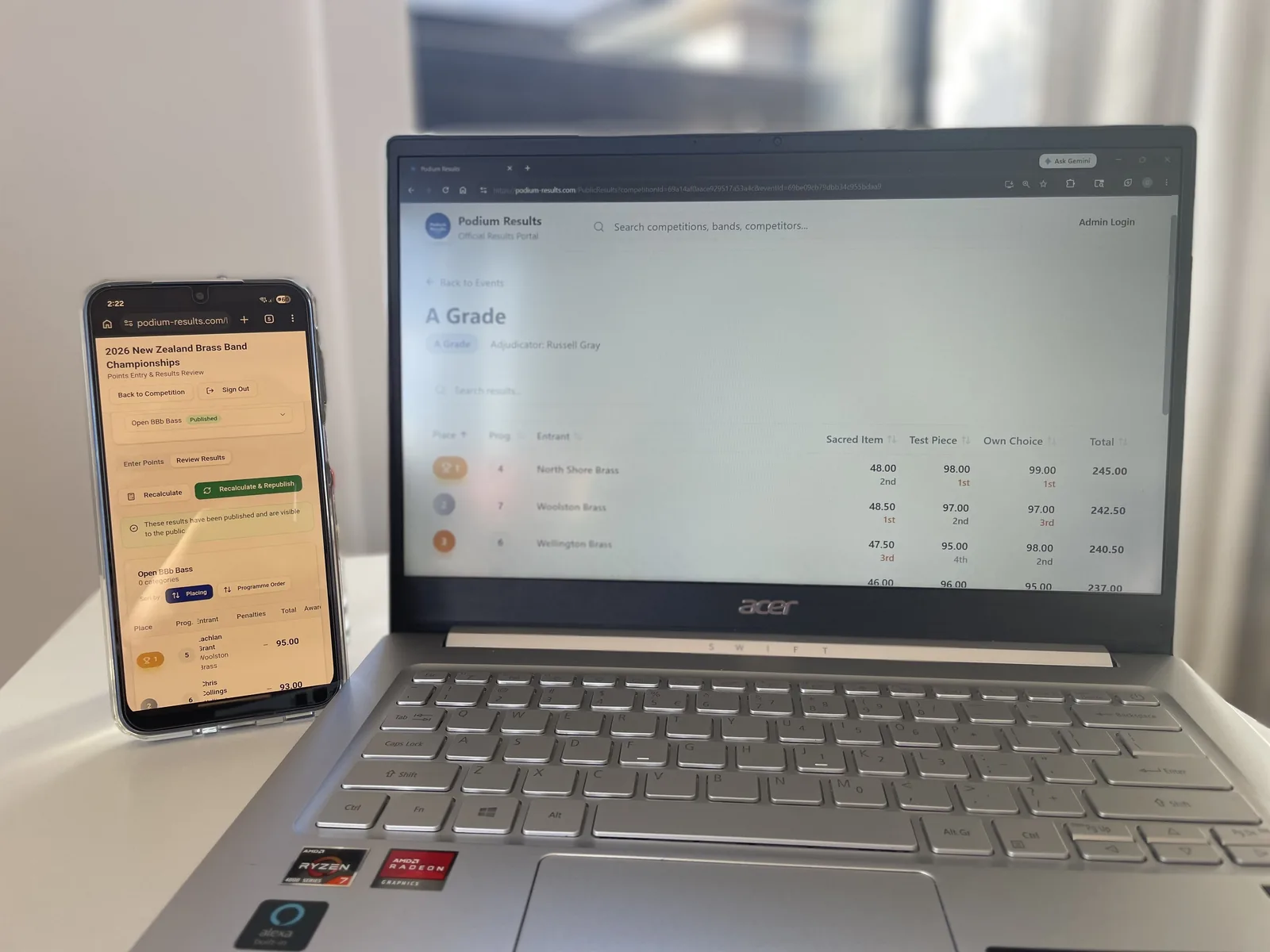 Podium Results open on a laptop and a phone during a competition
