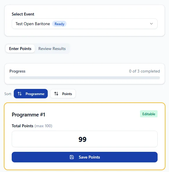 Points entry screen showing a programme number and a total points field